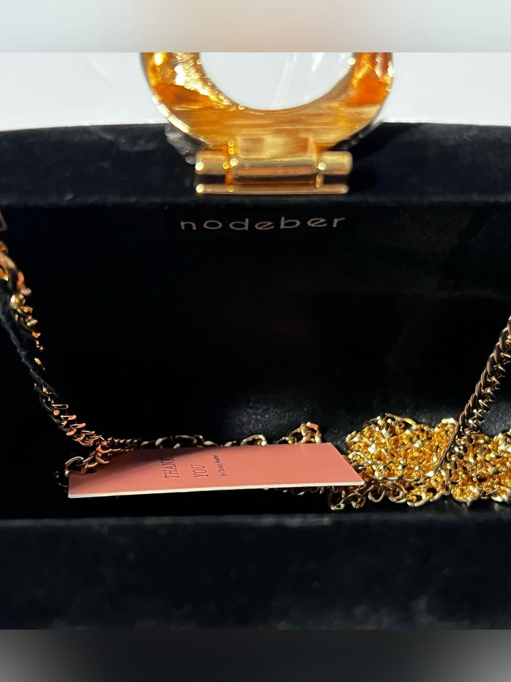 Nodeber Black Velvet Clutch Snake Clasp Gold tone Chain Evening cocktail Bag NWT